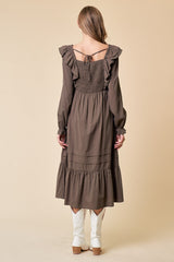 Olive Tiered Midi Dress With Smocking