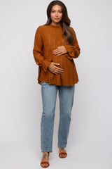 Camel Lace Ruffled Neck Maternity Top