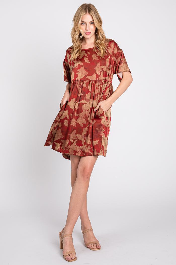 Rust Printed Short Sleeve Pocketed Maternity Dress