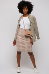 Taupe Knit Plaid Fitted Skirt