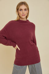 Burgundy Fuzzy Knit Mock Neck Sweater