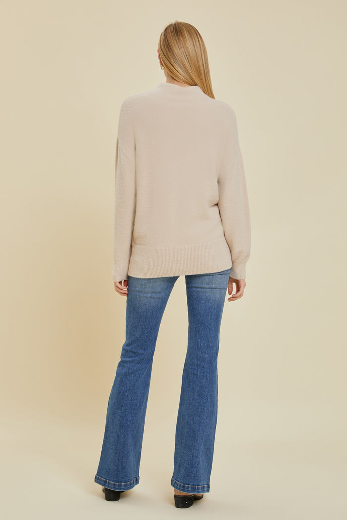 Beige Fuzzy Knit Mock Neck Sweater