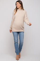 Beige Fuzzy Knit Mock Neck Maternity Sweater