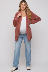 Mauve Fuzzy Knit Hooded Maternity Jacket