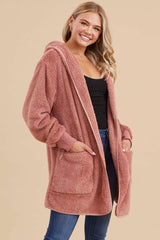 Mauve Fuzzy Knit Hooded Jacket