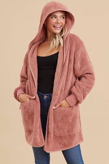 Mauve Fuzzy Knit Hooded Jacket