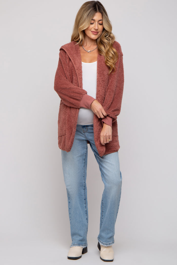 Mauve Fuzzy Knit Hooded Maternity Jacket
