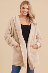 Beige Fuzzy Knit Hooded Jacket