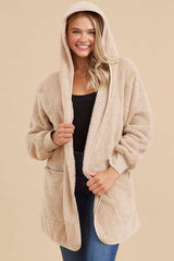 Beige Fuzzy Knit Hooded Jacket