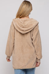 Beige Fuzzy Knit Hooded Maternity Jacket