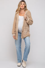 Beige Fuzzy Knit Hooded Maternity Jacket