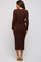 Brown Ribbed Long Sleeve Maternity Wrap Dress