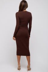 Brown Ribbed Long Sleeve Wrap Dress