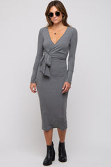 Grey Ribbed Long Sleeve Wrap Dress