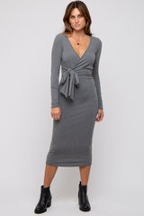 Grey Ribbed Long Sleeve Wrap Dress