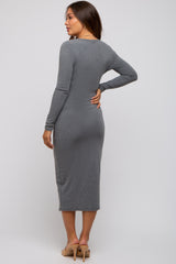 Grey Ribbed Long Sleeve Maternity Wrap Dress