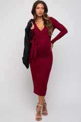 Burgundy Ribbed Long Sleeve Maternity Wrap Dress