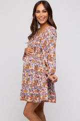 Brown Floral Smocked V-Neck Maternity Dress