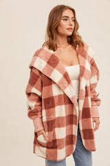 Mauve Plaid Maternity Hooded Cardigan