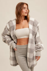 Grey Plaid Maternity Hooded Cardigan