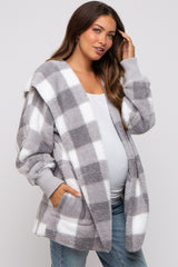 Grey Plaid Maternity Hooded Cardigan