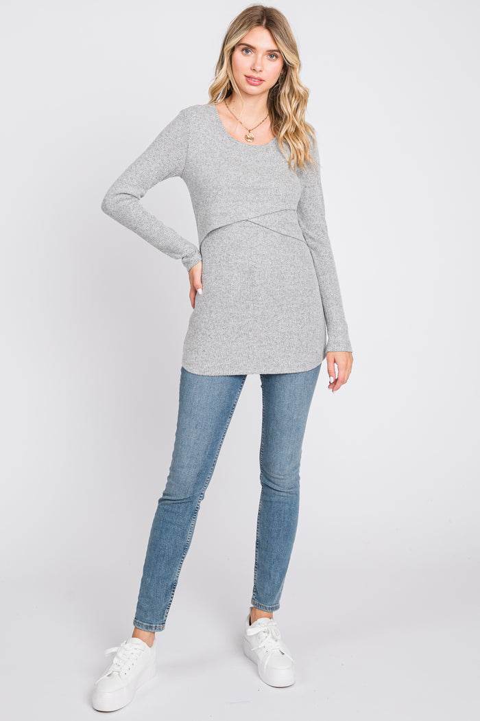 Heather Grey Ribbed Crossover Nursing Top