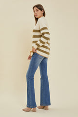 Olive Striped Color Block Mock Neck Sweater