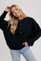 Black Half Button Up Maternity Sweater