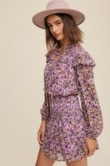 Violet Floral Print Ruffle Smocked Dress