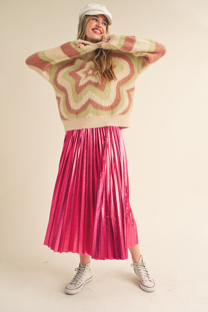 Pink Metallic Pleated Maternity Midi Skirt