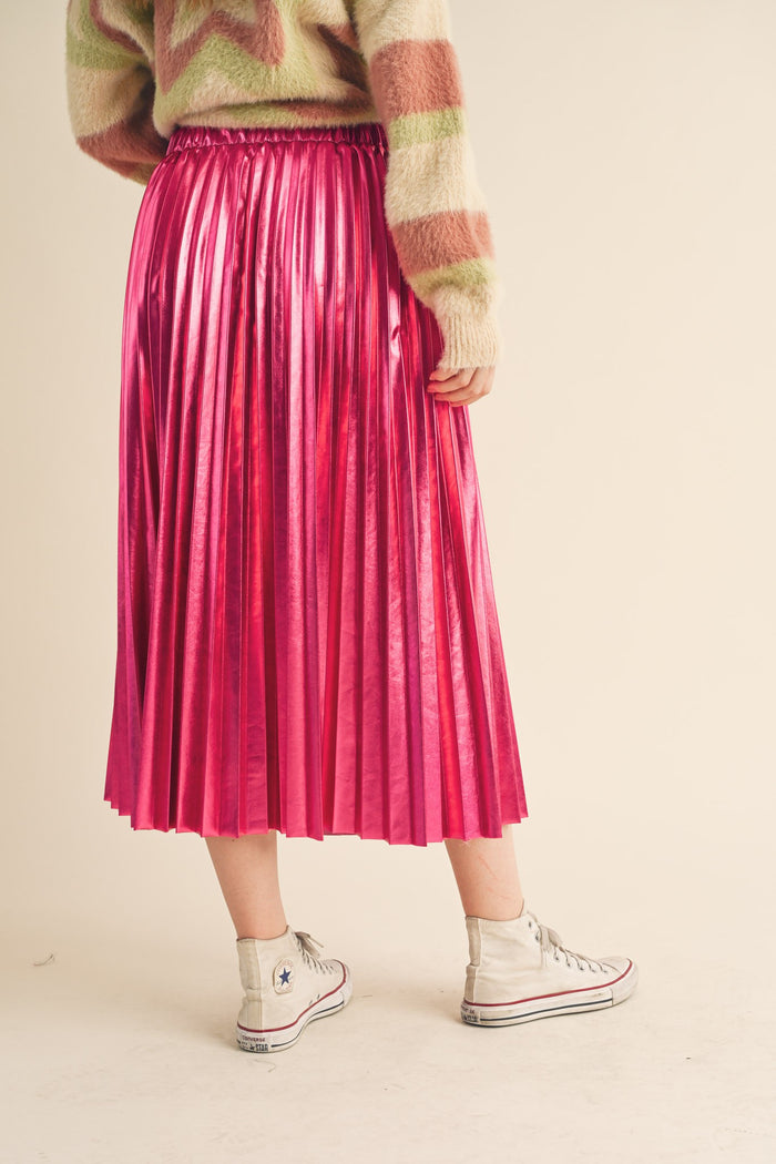 Pink Metallic Pleated Midi Skirt