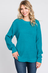 Teal Waffle Knit Round Hem Sweater