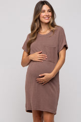 Taupe Ribbed Front Pocket Dolman Short Sleeve Maternity Dress