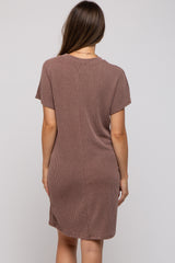 Taupe Ribbed Front Pocket Dolman Short Sleeve Maternity Dress