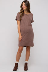 Taupe Ribbed Front Pocket Dolman Short Sleeve Maternity Dress