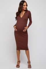 Brown Ribbed Knit Fitted Maternity Dress