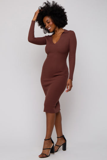 Brown Ribbed Knit Fitted Dress