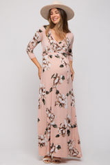 Light Pink Floral Wrap Maternity Maxi Dress