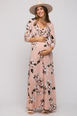 Light Pink Floral Wrap Maternity Maxi Dress