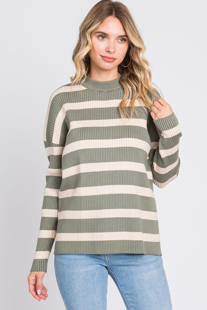 Olive Striped Ribbed Long Sleeve Maternity Top