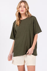 Green Oversized Pocket Front Short Sleeve Top