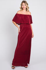 Burgundy Pleated Ruffle Off Shoulder Maxi Dress