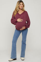 Burgundy Ribbed V-Neck Cropped Maternity Sweater