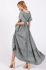 Blue Plaid Puff Sleeve Maxi Dress