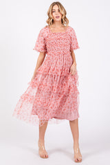 Pink Floral Tulle Smocked Ruffle Tiered Maternity Midi Dress