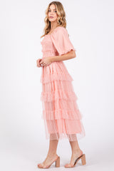 Light Pink Dot Smocked Ruffle Tiered Midi Dress