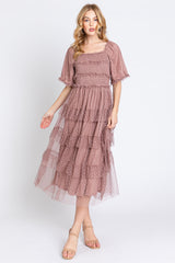 Pink Dot Smocked Ruffle Tiered Midi Dress