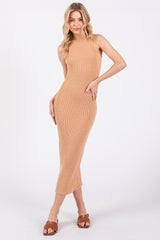 Camel Ribbed Maternity Fitted Midi Dress