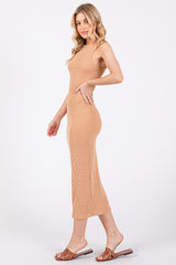 Camel Ribbed Fitted Midi Dress