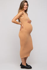 Camel Ribbed Maternity Fitted Midi Dress